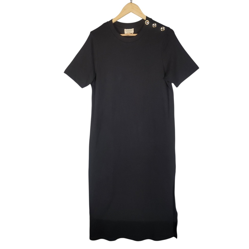 Sezane Emy T-Shirt Dress Large Black Organic Cotton Midi Short Sleeve